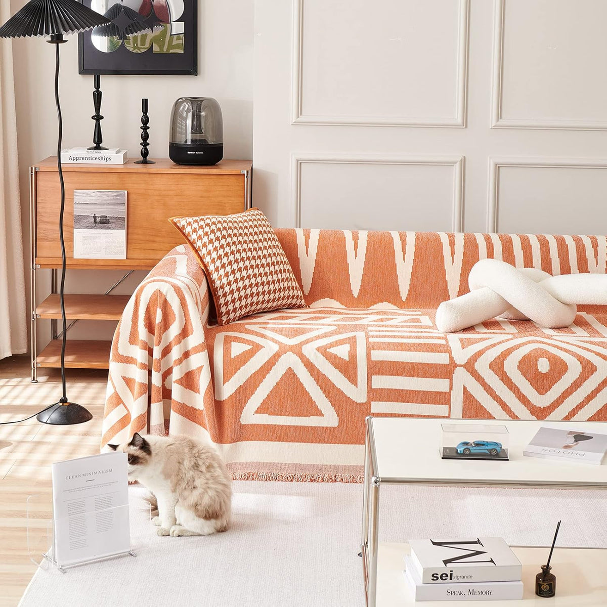 STACYPIK Thick Warm Orange Sofa Cover Armchair Slipcover Boho Geometric Couch Cover for Sectional Sofa Caramel Loveseat Cover Anti-Slip Chenille Couch Protector for 2 Cushion Couch Home Decor-71X102IN