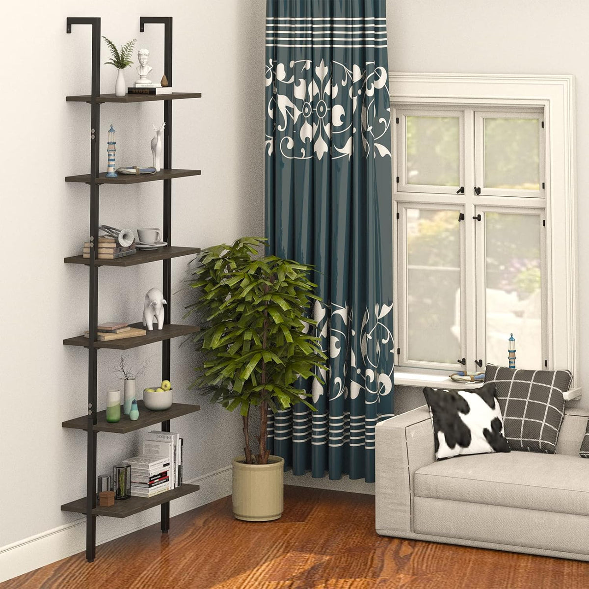 Ladder Shelf Black 6 Tiers Modern Bookshelf Room Organizer Open Tall Wall Mount Bookcase Standing Leaning Wall Shelves Industrial Decorative Living Room Bed Room (Brown)
