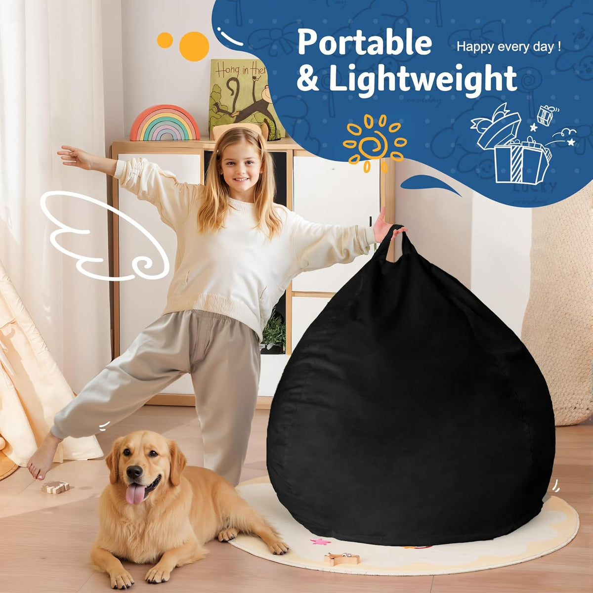 Homguava 2FT Bean Bag Chair: 2' Bean Bags with Memory Foam Filled,Comfy Beanbag Chairs Round Bean Bag Sofa with Dutch Velvet Cover-Black