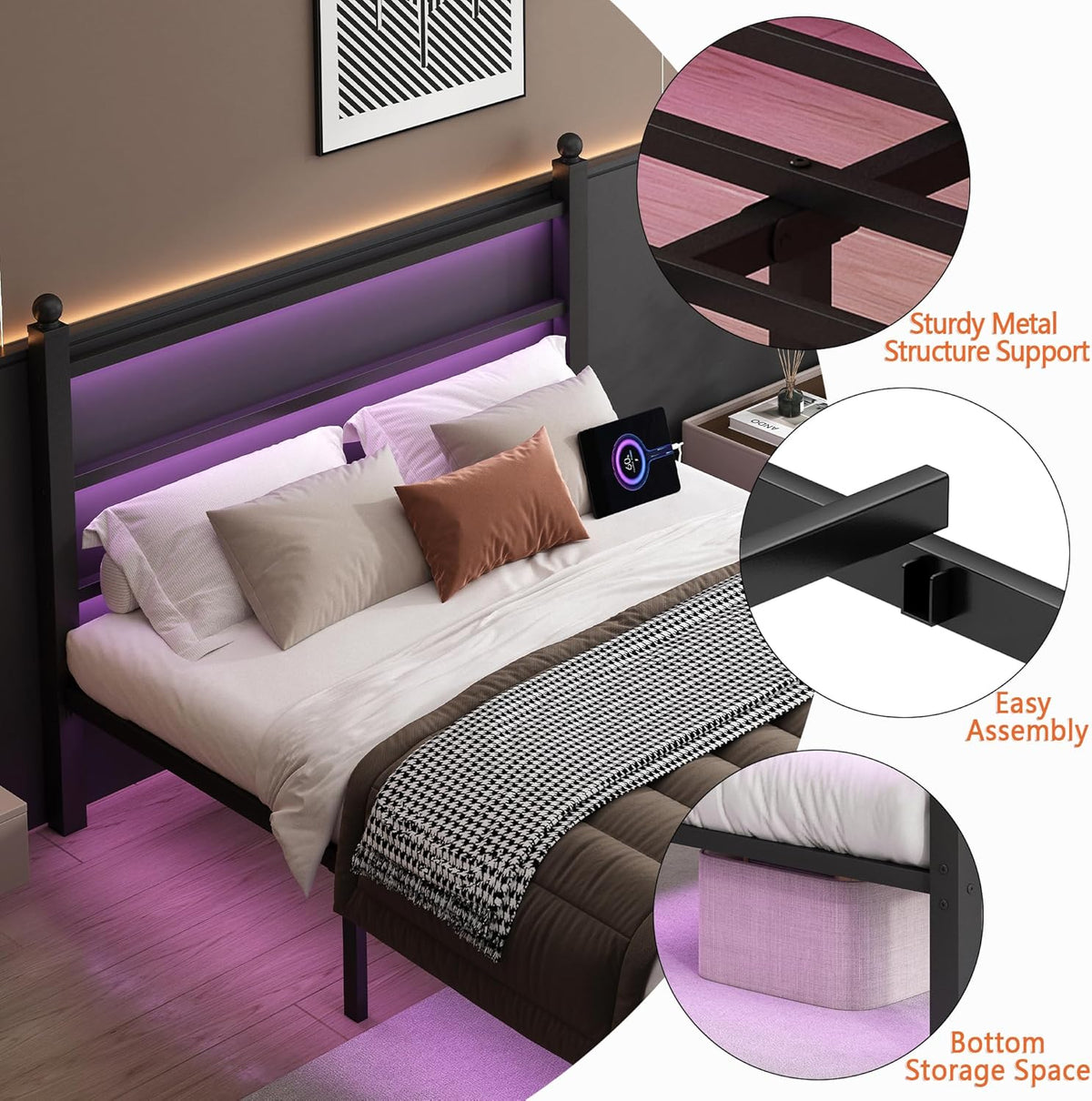 Twin Bed Frame with Headboard and Footboard,Steel Slats Support-LED Bed Frame with USB Charging Station,Mattress Foundation-Under Bed Storage,No Box Spring Needed,Noise Free,Black