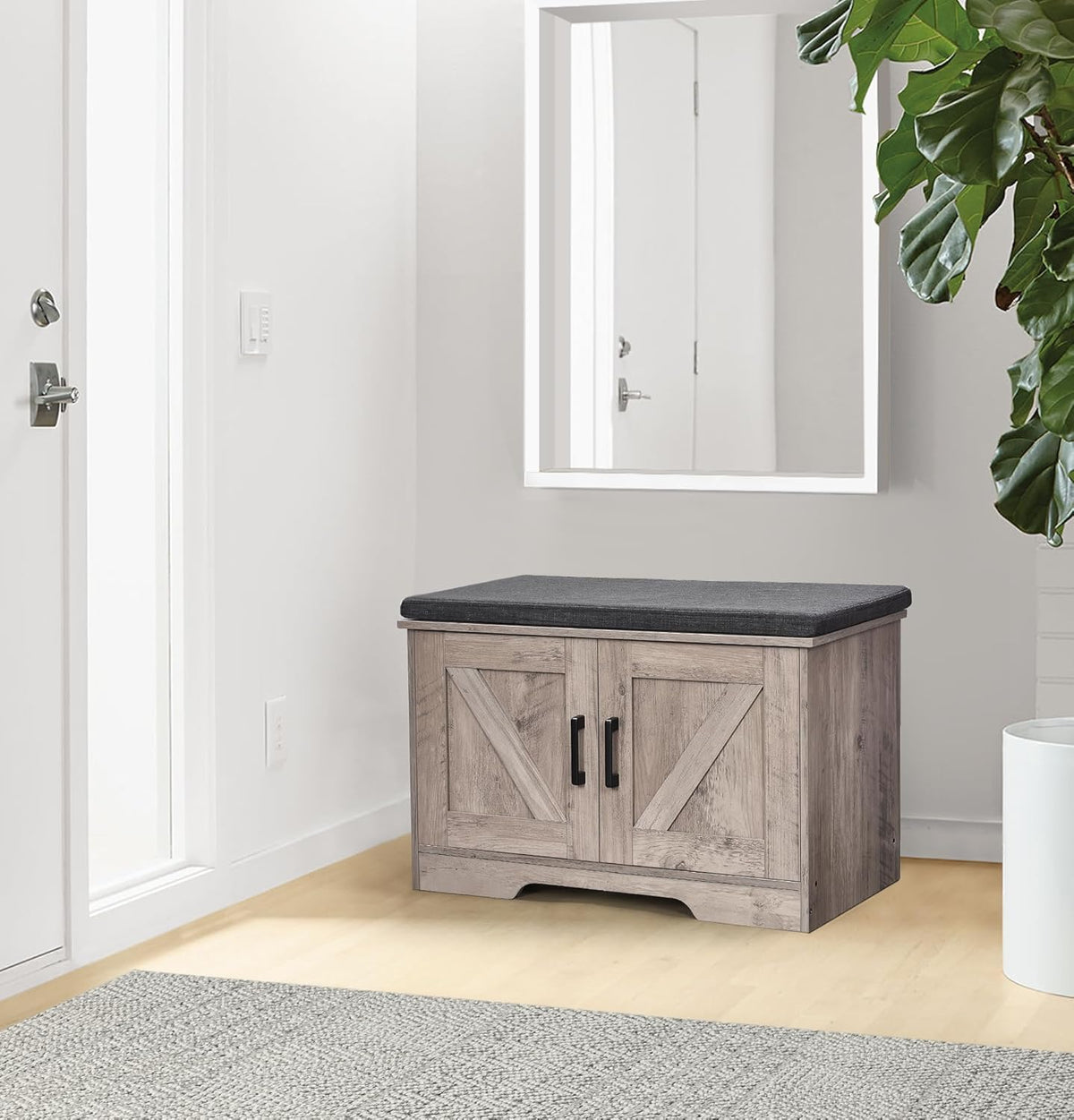 2-Tier Storage Bench, Shoe Bench with Padded Seat Cushion, Entryway Bench with 2 Barn Doors, Adjustable Shelf, 13.8" D x 27.6" W x 17.7" H, for Entryway, Living Room, Bedroom, Greige