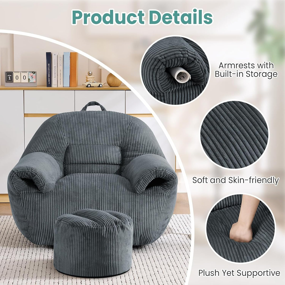 DAICO Bean Bag Chairs for Adults Beanbag Sofa with Ottoman Comfy Accent Chair with Armrests Corduroy Couch with Foam Single Lazy Sofas for Living Room Reading Bedroom Gaming Office Dark Gray