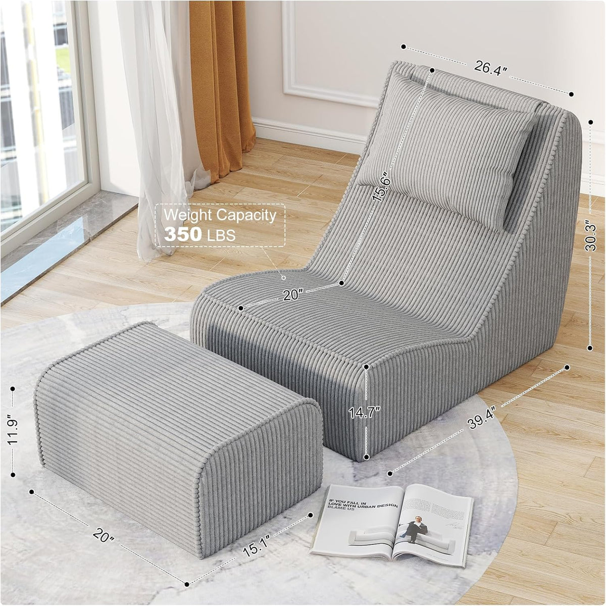 Giant Bean Bag Chair for Adults,Corduroy Chaise Lounge with Unrivaled Back Support, Detachable Neck Pillow, Comfortable Ottoman & Washable Cover for Living Room, Bedroom, Garden (Grey)