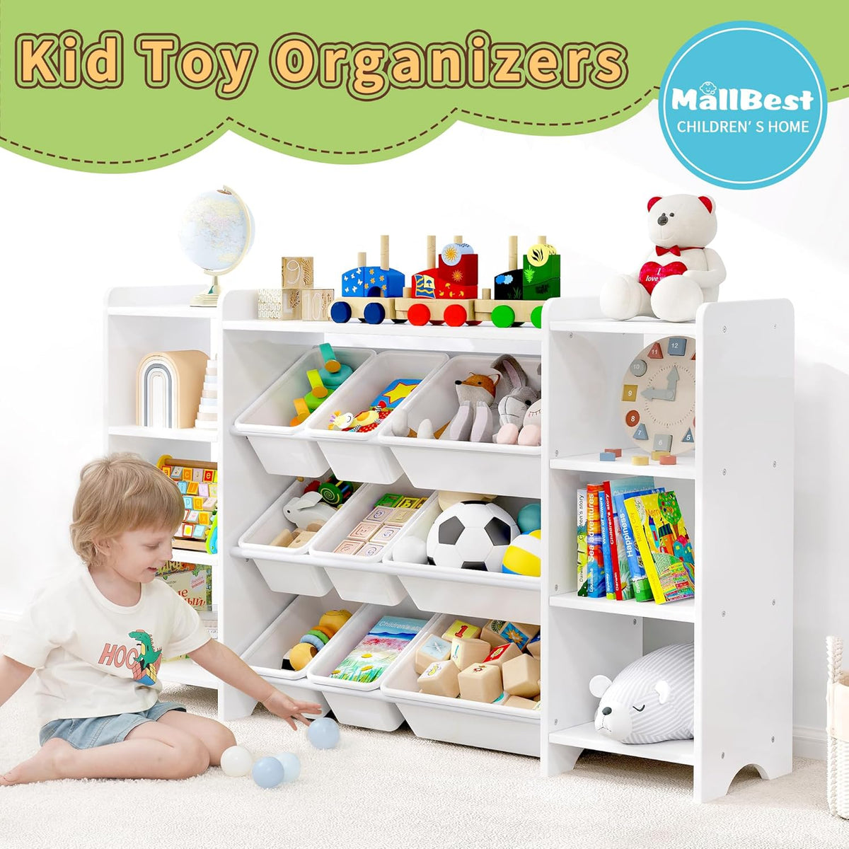 MallBest 4-Tier Kids' Toy Storage Organizer Shelf - 100% Solid Wood, Children's Organizer Cabinet with 9 Plastic Bins and 6 Storage Ports (White)