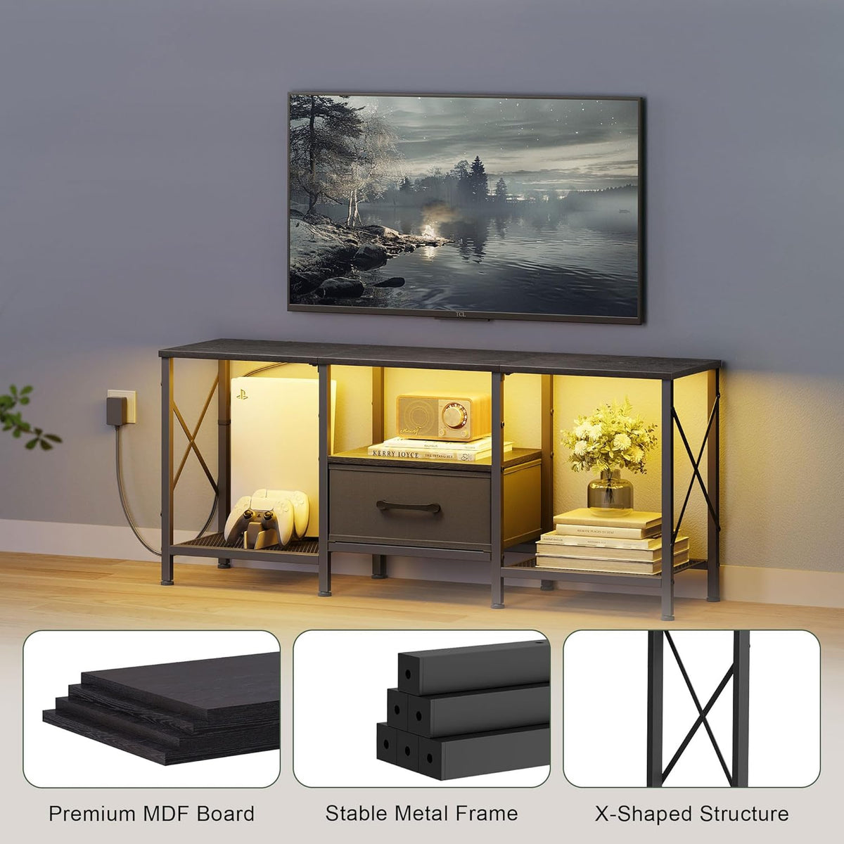 LED TV Stand with Fabric Drawer, Entertainment Center for 50 55 Inch TV, Industrial TV Console Table with Open Storage Shelves for Living Room, Bedroom, Black