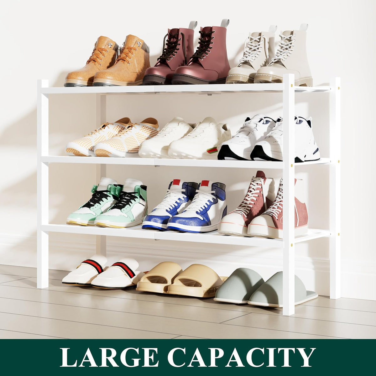 Smiry Shoe Rack, 3 Tier Small Bamboo Shoe Organizer, Stackable Free Standing Wooden Shoe Storage Shelf for Closet, Entryway, Front Door Entrance, White