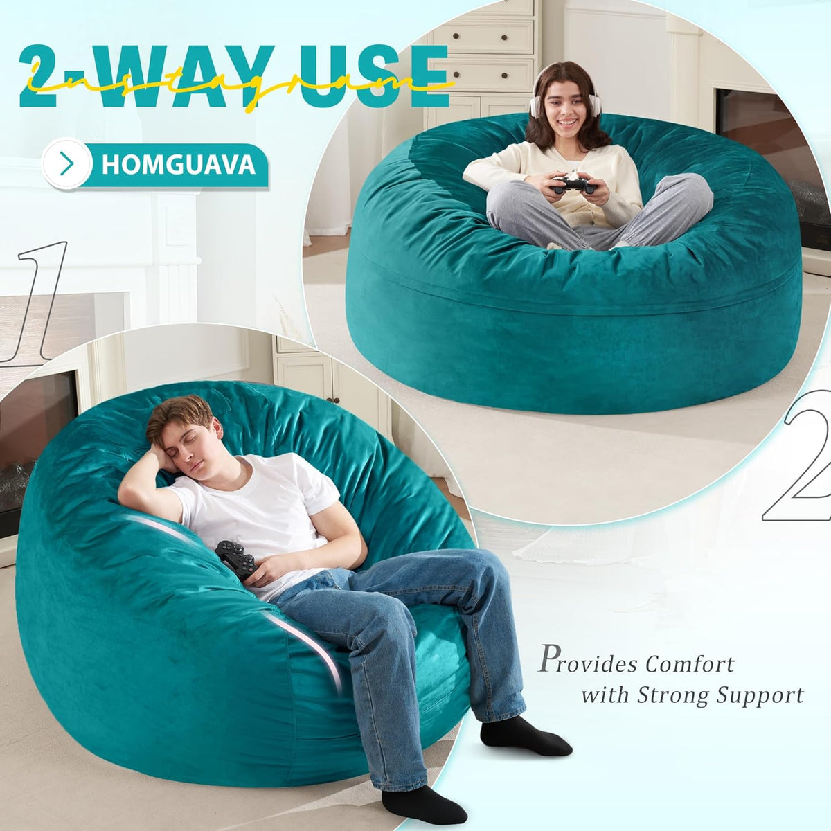 Homguava 5 FT Bean Bag Chair: 5' Bean Bags with Memory Foam Filled, Large Beanbag Chairs Soft Sofa with Dutch Velvet Cover-Sea Blue