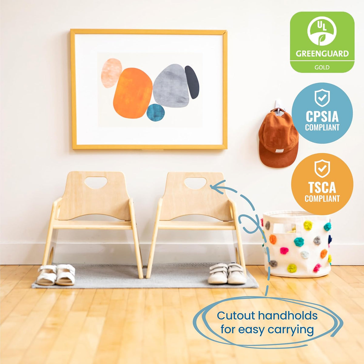 ECR4Kids Stackable Wooden Toddler Chair, 8in, Kids Furniture, Natural, 2-Pack