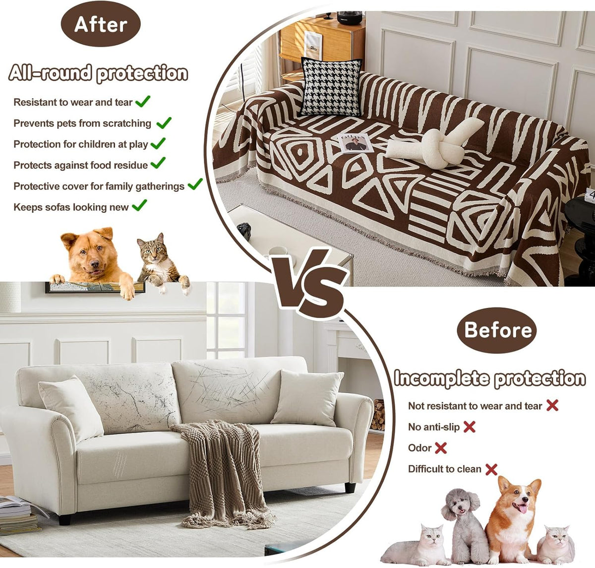 HANDONTIME Chocolate Boho Couch Cover Reversible Sofa Covers for 3 Cushion Couch Washable Couch Sofa Cover for Dogs Dark Couches Covers Chenille Couch Protector Couch Covers for Sofa, 59" X71"