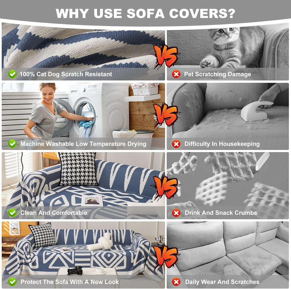 STACYPIK Thick Boho Couch Covers for Dog Cat, Modern Blue Triangle Sofa Cover for Living Room, Reversible Furniture Protector for 3 Cushion Couch, Anti Slip Jacquard Loveseat Covers for Sofa-71X118IN