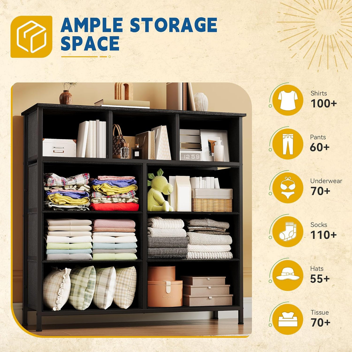DWVO Dresser with 9 Drawers - Fabric Storage Tower, Organizer Unit for Living Room, Hallway - Sturdy Steel Frame, Wooden Top & Easy Pull Fabric Bins
