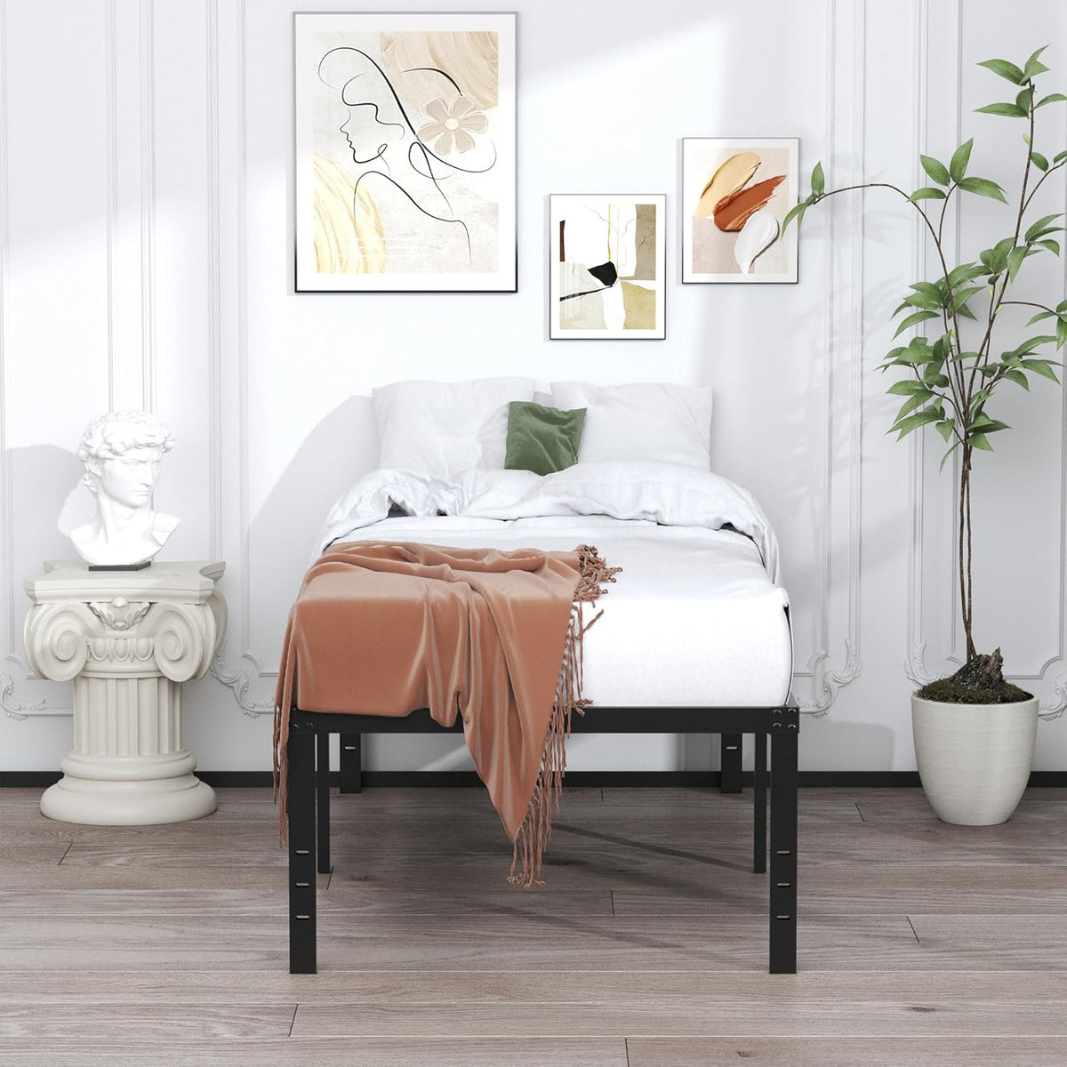 EMODA 20 Inch Twin Bed Frame No Box Spring Needed, Heavy Duty Tall Metal Twin Platform Bed Frames with Large Storage Space, Noise Free, Easy Assembly, Black