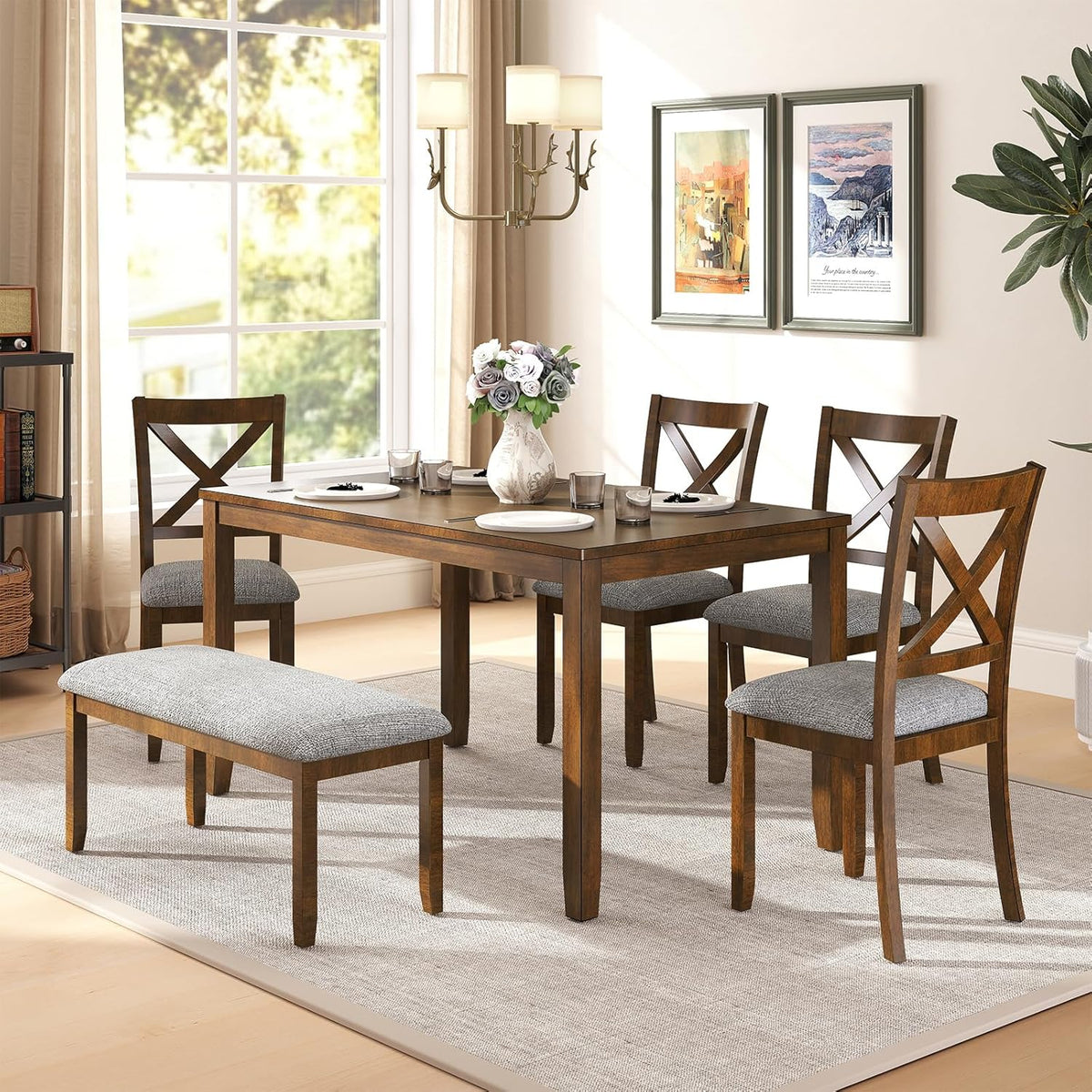 6-Piece Solid Wood Dining Table Set, Including 1 Dining Table, 4 Upholstered Chairs and 1 Bench, Wooden Dining Table Set for Kitchen, Dining Room, Walnut