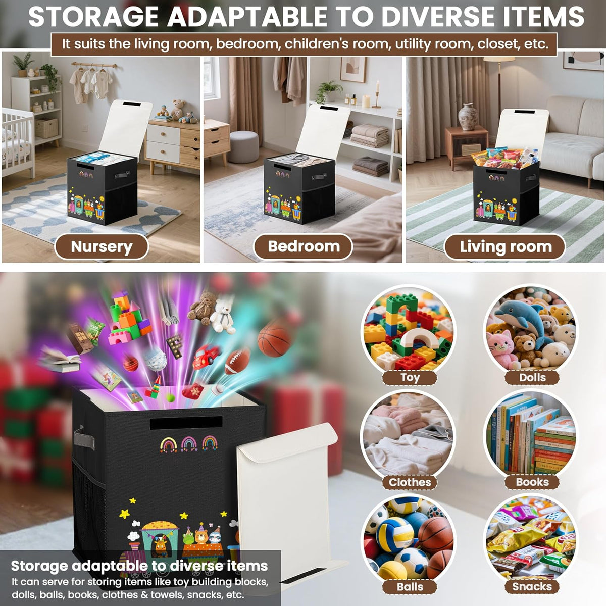 40L Large Toy Storage Box with Lid, Large Toy Box Chest for Kids, Girls and Boys, Nursery Room and Living Room, 13"x13" x16" (black-train)