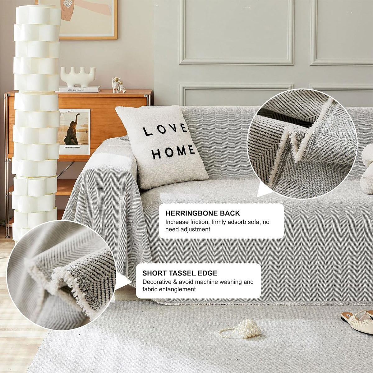 STACYPIK Silver Gray Chenille Sofa Covers, Herringbone Jacquard Sectional Couch Cover, Furniture Protector for 3 Cushion Couch, L-Shaped Sofa Covers for Loveseat, Washable Multi-use Blankets-91X134IN