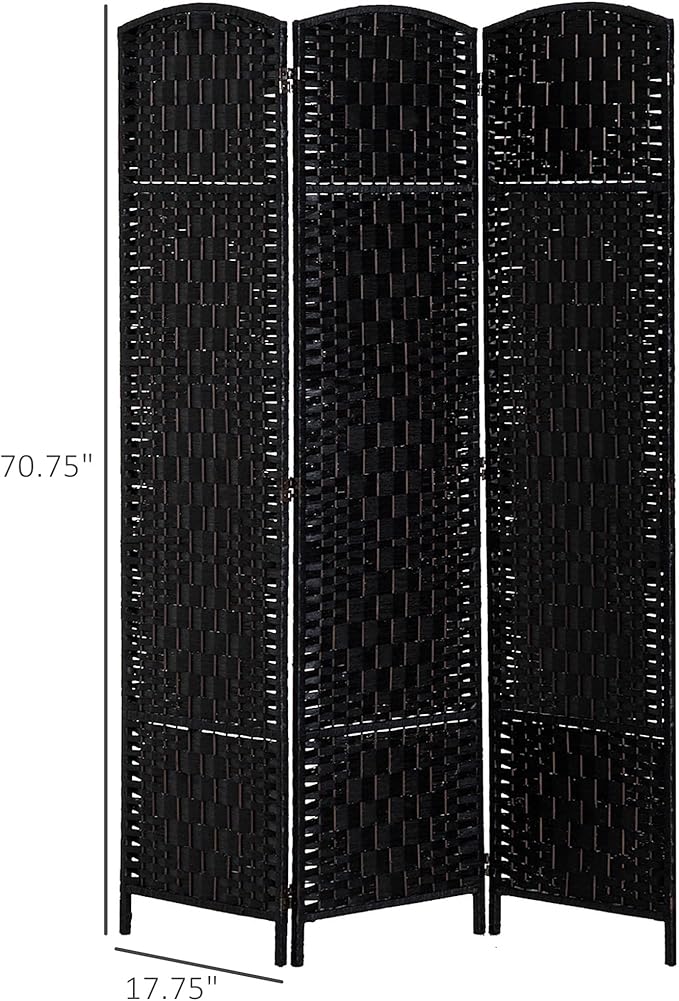 HOMCOM Room Divider, 3 Panel Folding Privacy Screen, 6FT Tall Portable Wicker Weave Partition Wall Divider for Bedroom, Home Office, Black