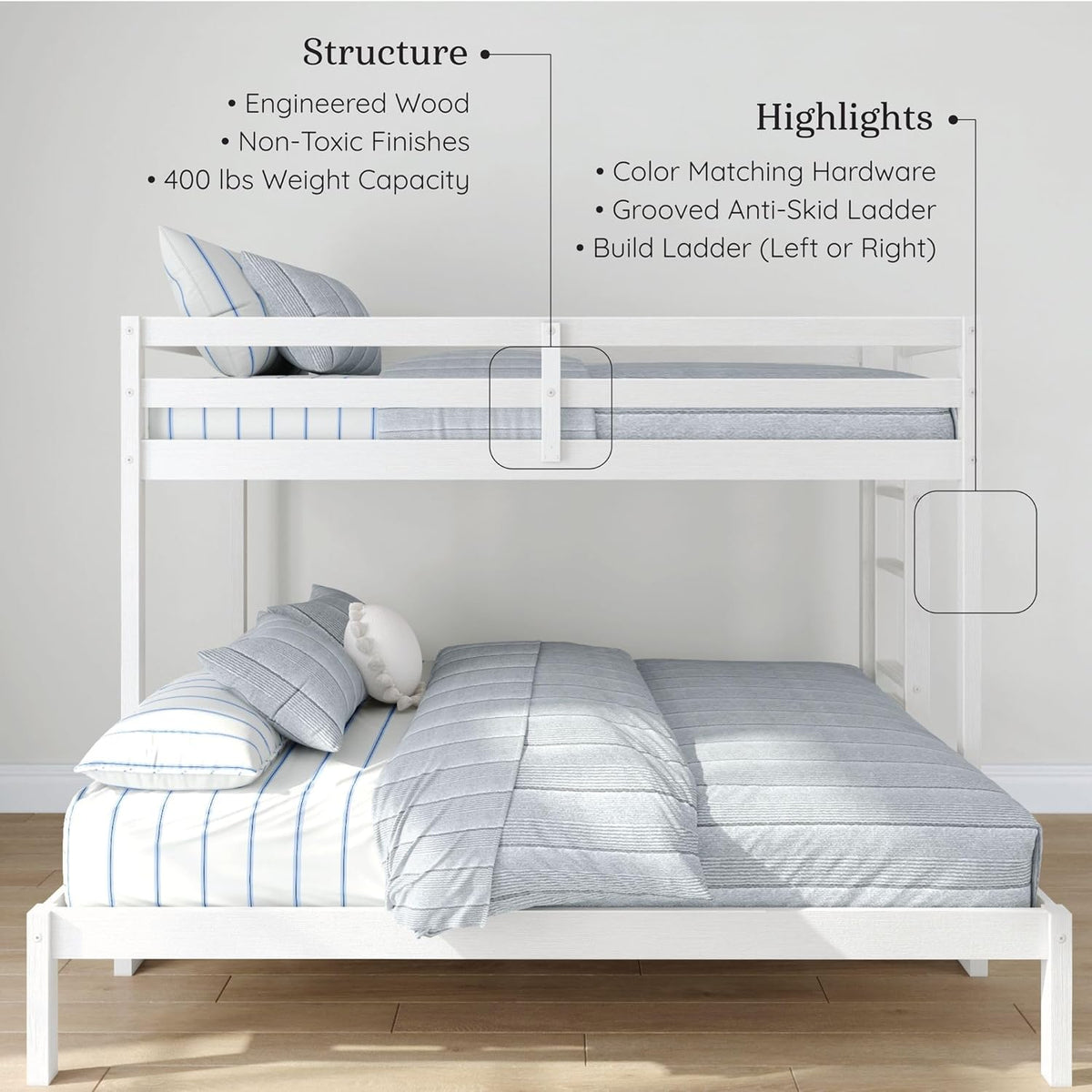Grain & Grove Bear Twin XL Over Queen Bunk Bed, Sturdy Bunk Bed Frame for Kids, Plywood Bunk with Ladder, Guardrail, and Slats, No Box Spring Required, Brushed White