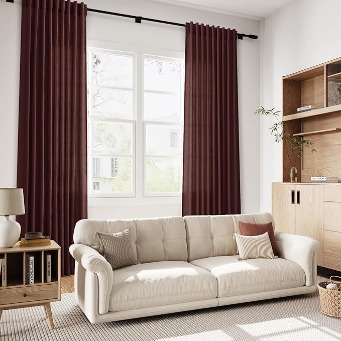 Nanspring Reddish Brown Linen Blend Light Filtering Back Tab Curtains 108
