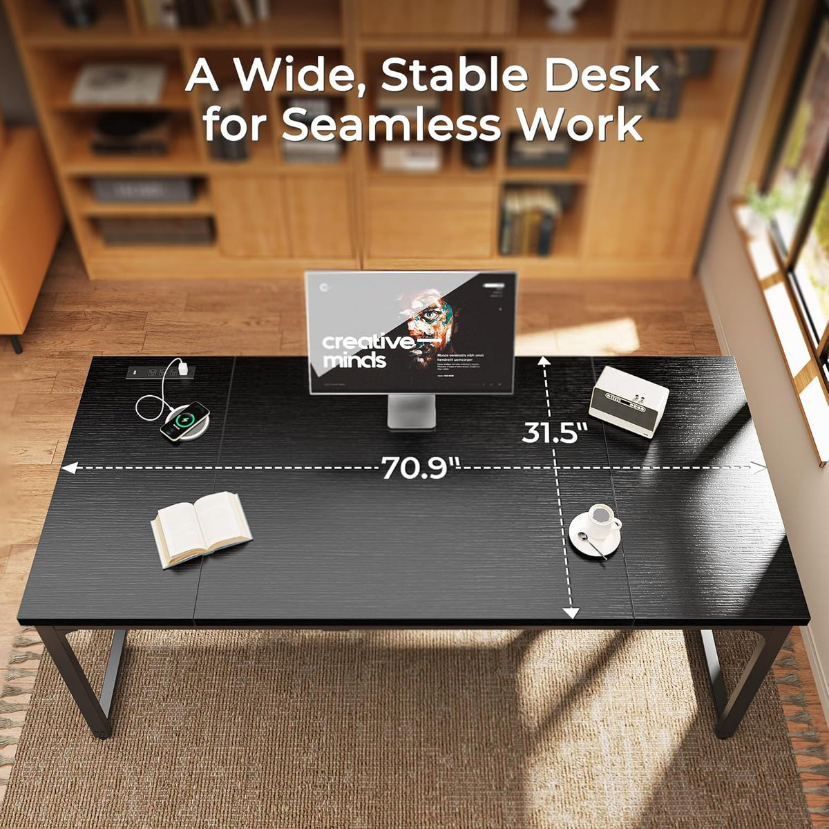 Huuger 71 x 31.5 Inch Desk with Power Outlets & USB-C,1.2 Inch Thicker Desktop, Robust Metal Tubes, Deep Computer Desk, Heavy Duty Office Desk, Work Desk for Home Office, Black