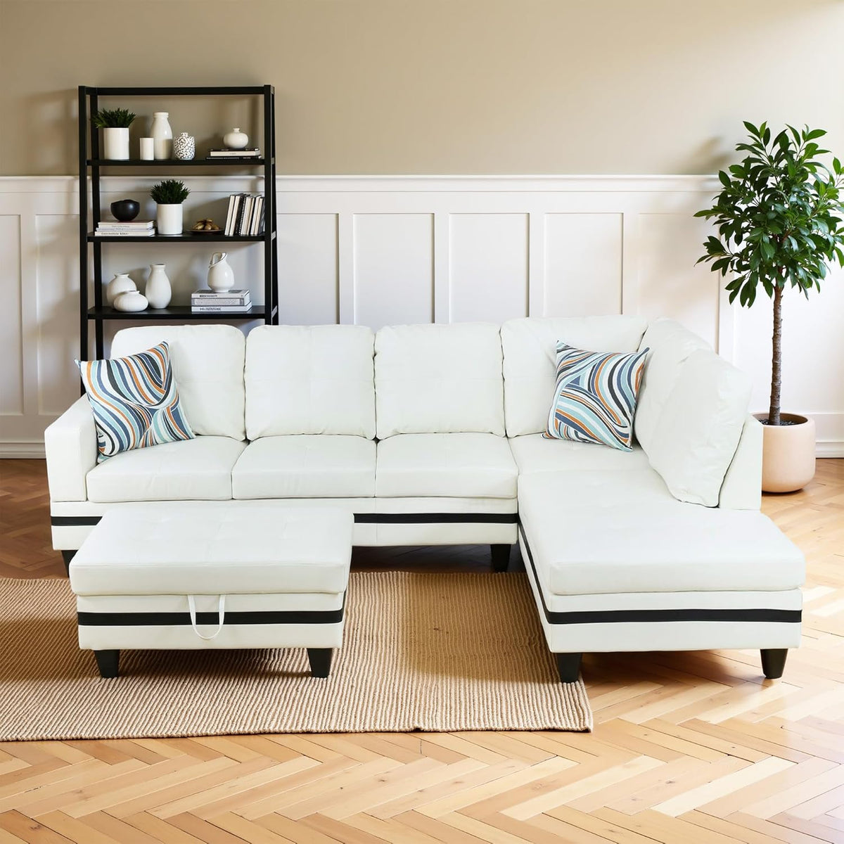 Osparple L Shaped Couch PU Leather Sectional Couch Upholstered 3 Pieces Sofas for Living Room with Chaise, Ottoman with Storage for Office and Small Apartment, Black and White