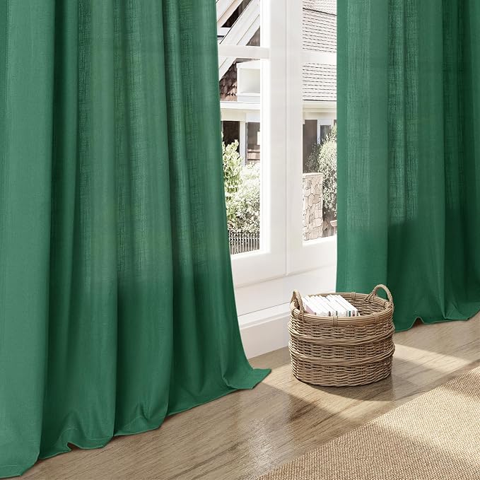 Dark Green Linen Curtains 102 Inches Long Rod Pocket Back Tab Drapes 2 Panels