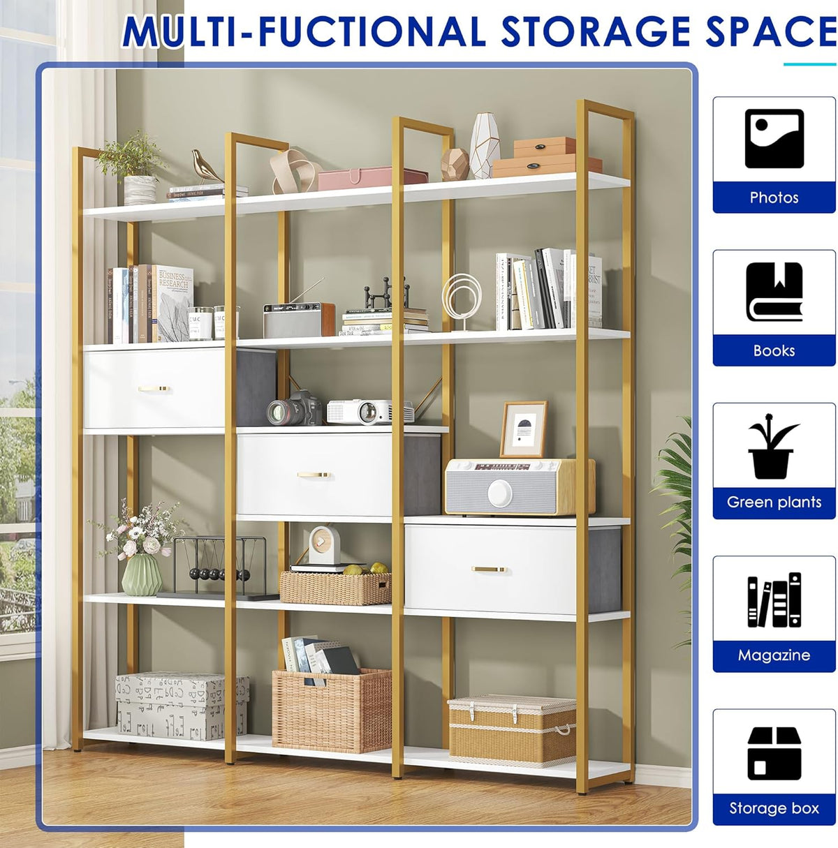 73.6" Tall Bookshelf with 3 Drawers and 16 Storage Shelves, Industrial Bookcase with 16 Open Display Shelves, Large Etagere Bookshelf, Triple Wide Book Shelf Book Case for Home & Office, Gold