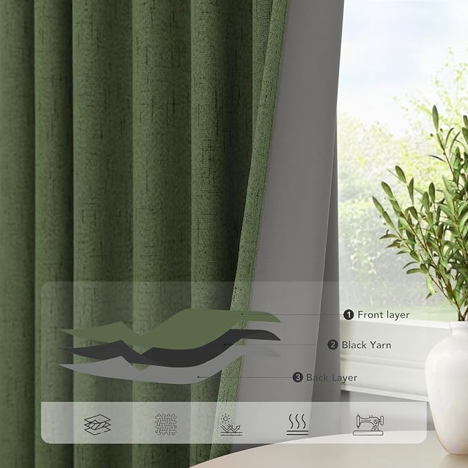 Olive Green Blackout Curtains 84 Inches Long 2 Panels Linen Boho Black Out Dark
