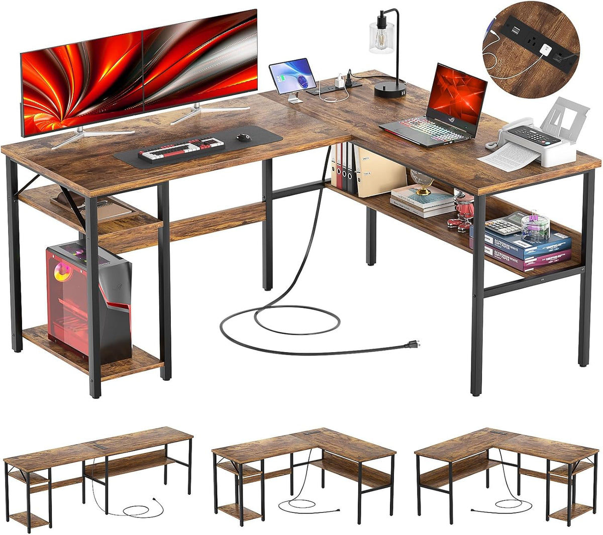 Reversible L Shaped Computer Desk with Power Outlets and USB Charging Ports, Sturdy Corner Desks with Storage Shelf, Modern Work Gaming Table for Home Office, Easy to Assemble, Rustic Brown