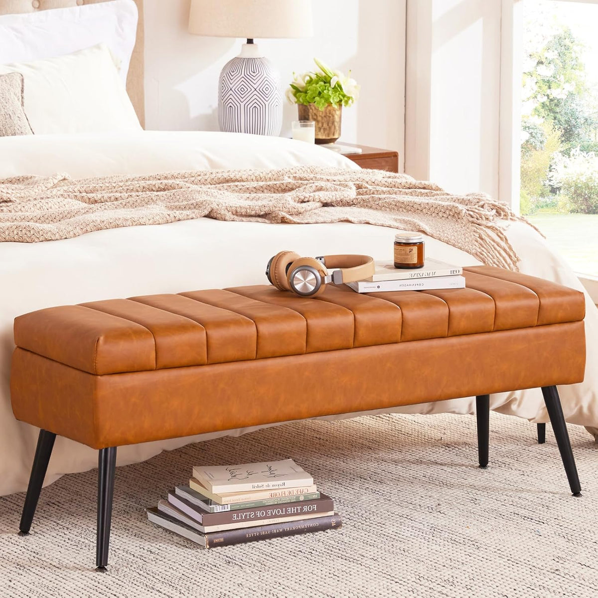 CUYOCA Storage Ottoman Bench, 43.5" Faux Leather Upholstered Entryway Bench, Long Ottoman with Storage for Living Room, Support 660lbs - Cognac Brown