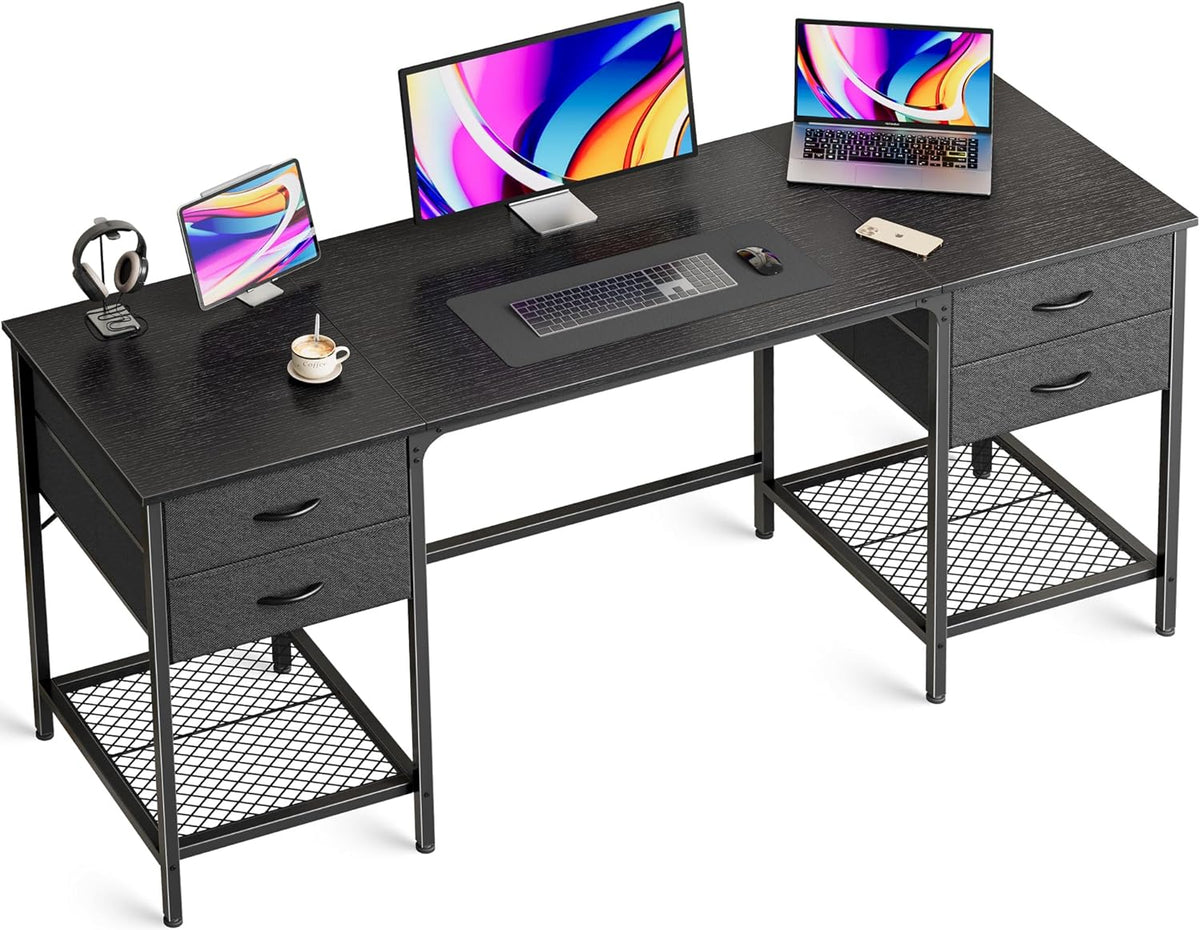 Huuger 63 Inch Computer Desk with 4 Drawers, Mesh Shelf, Gaming, Large Storage, Writing Work Desk for Home, Study, Bedroom, Work from Home, Black
