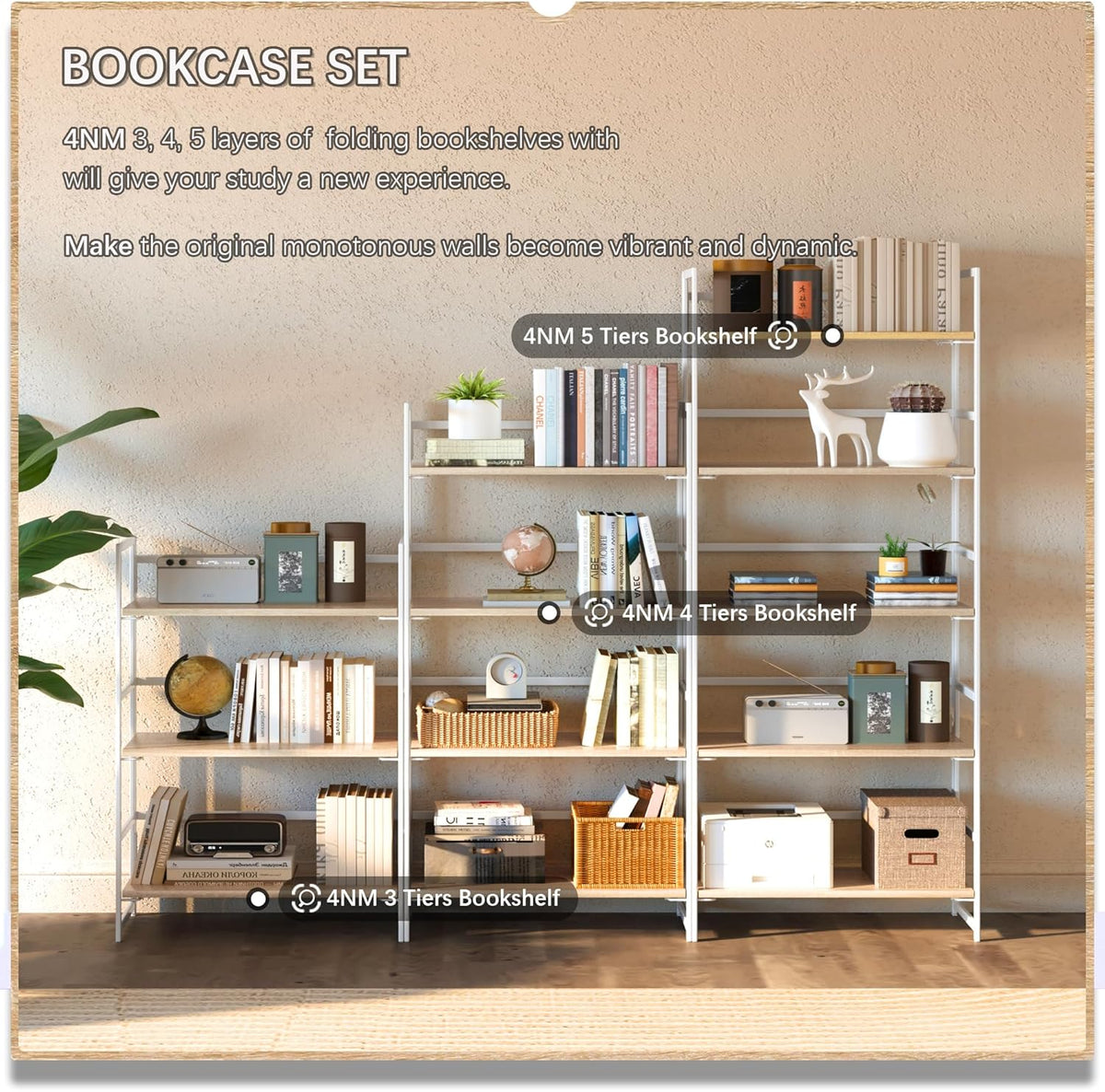 4NM No Assembly 5 Tiers Book Shelves, White Folding Bookshelf Bookcase Open Industrial Foldable Shelves for Bedroom, Living Room, Home Office - Natural White