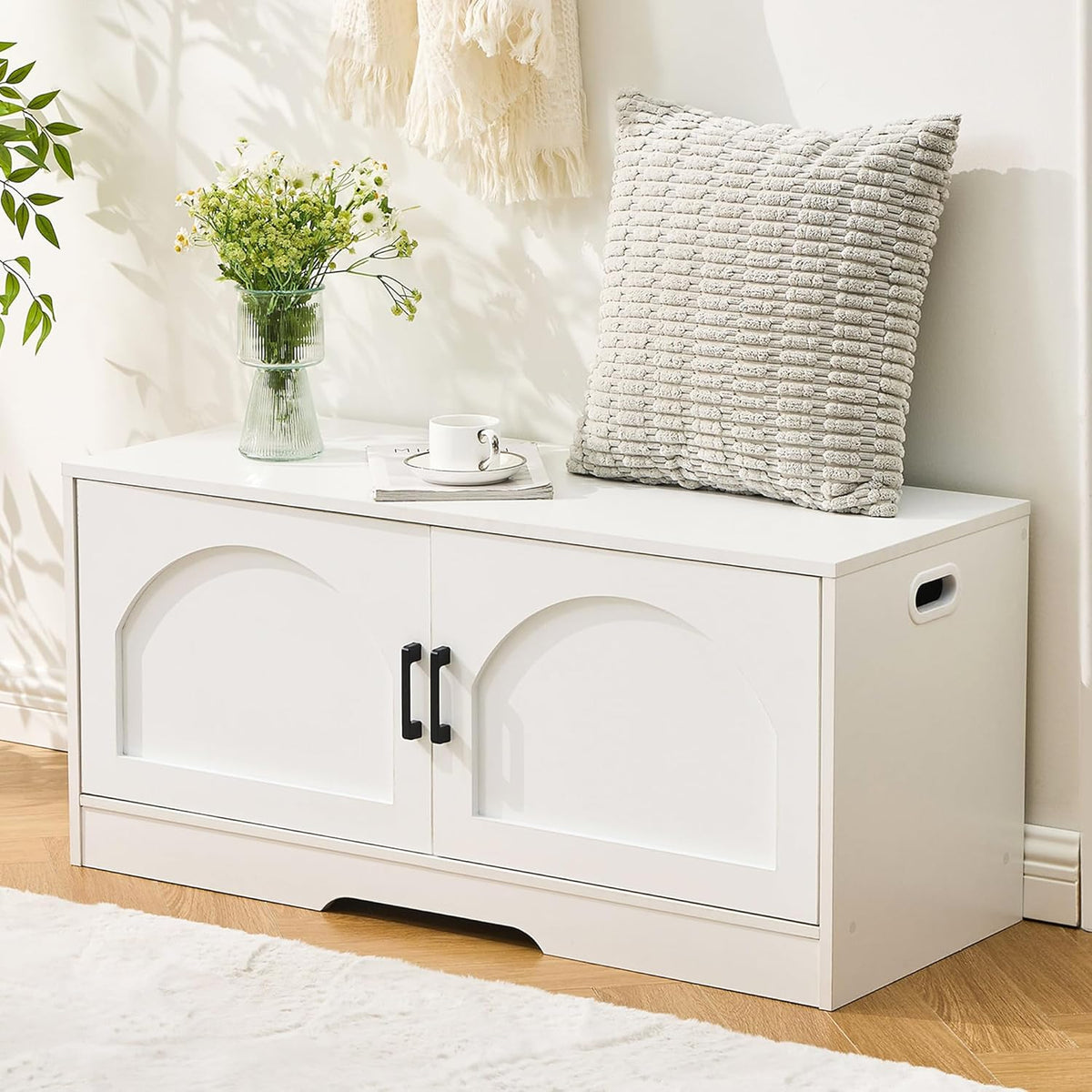 Shoe Bench, Entryway Storage Bench with 2 Doors, Shoe Rack Adjustable Shelves, Shoe Cabinet with Storage, 31.5" W x 13.8" D x 18.1" H for Entryway, Living Room, Hallway, Mudroom, Bedroom, White