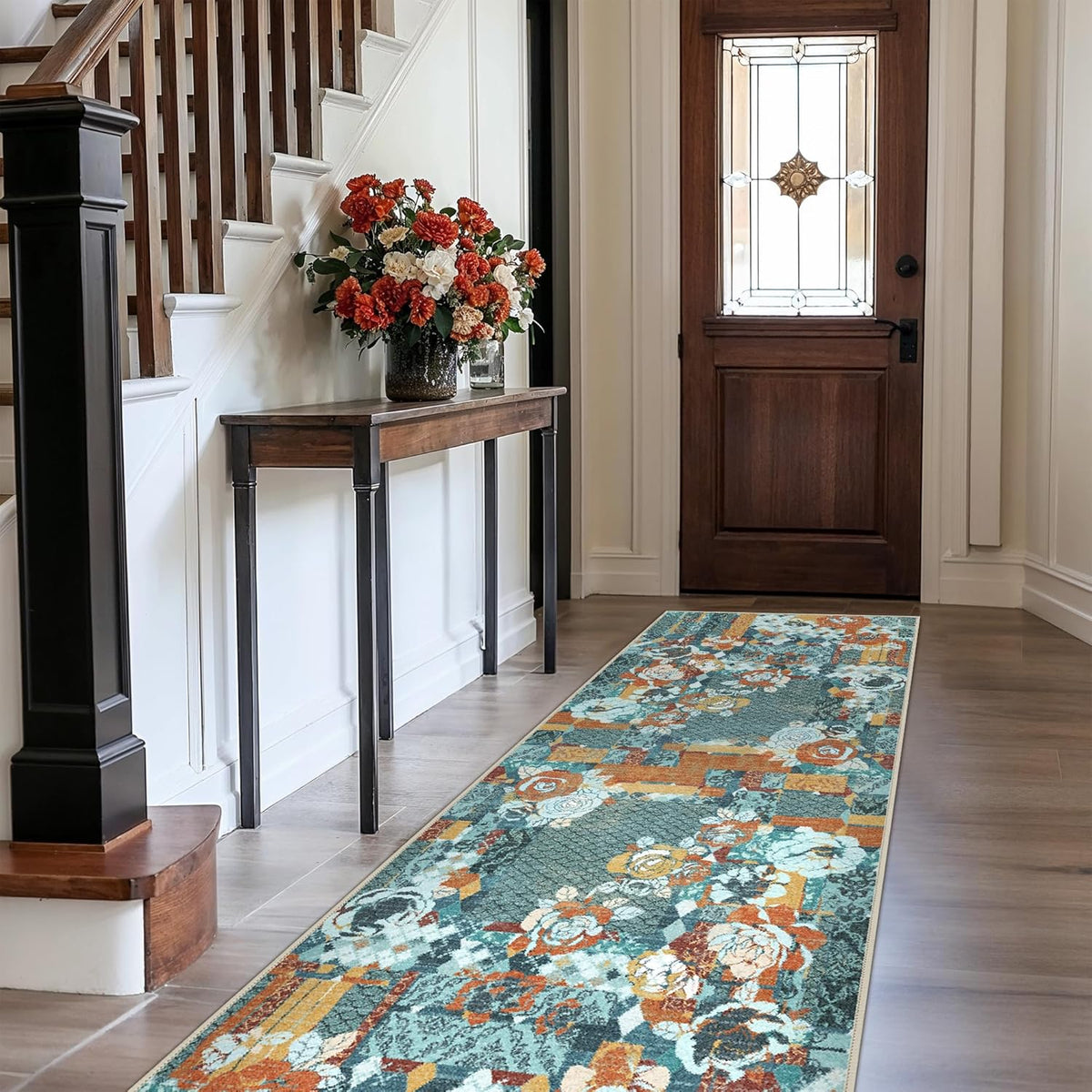 GENIMO Floral Runner Rug 2X6, Machine Washable Non Slip Vintage Patchwork Hallway Runner, Ultra-Thin Low Pile Runners for Indoor Entryway, Hallway, Kitchen and Corridor, Navy Blue