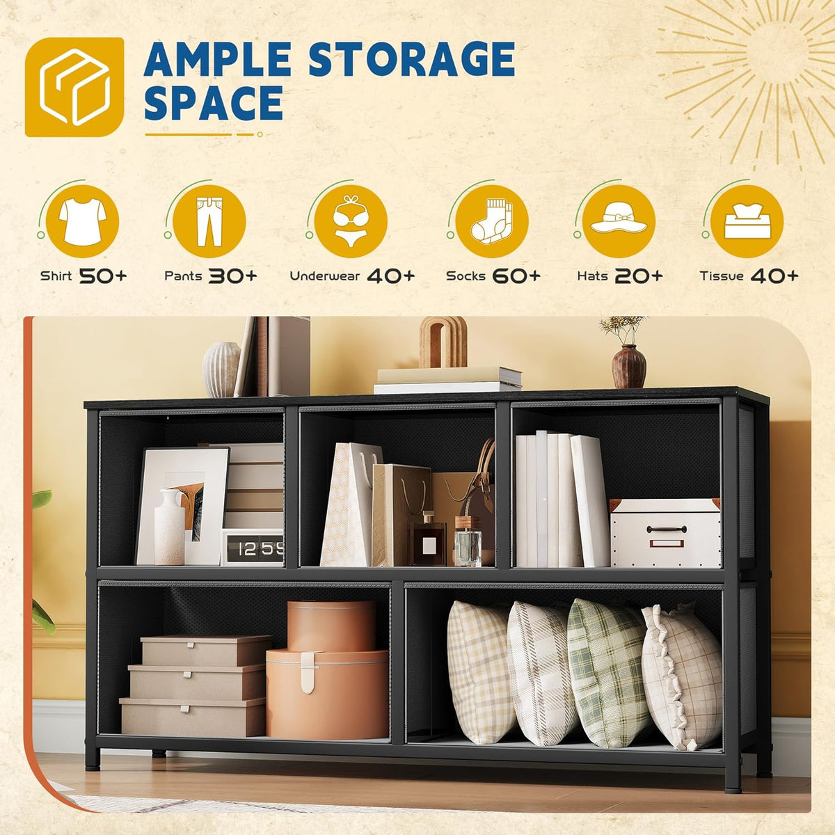DWVO Dresser with 5 Drawers - Fabric Storage Tower, Organizer Unit for Bedroom, Living Room, Closets - Sturdy Steel Frame, Wooden Top