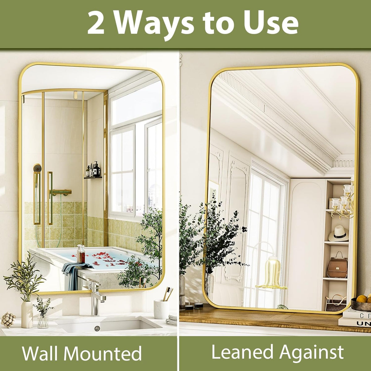 26 x 38 Inch Bathroom Mirror, Rounded Rectangular Vanity Mirror for Wall, Modern Mirror for Room Decor, Gold Framed Wall-Mounted Mirrors for Home Decor, Hangs Horizontally or Vertically