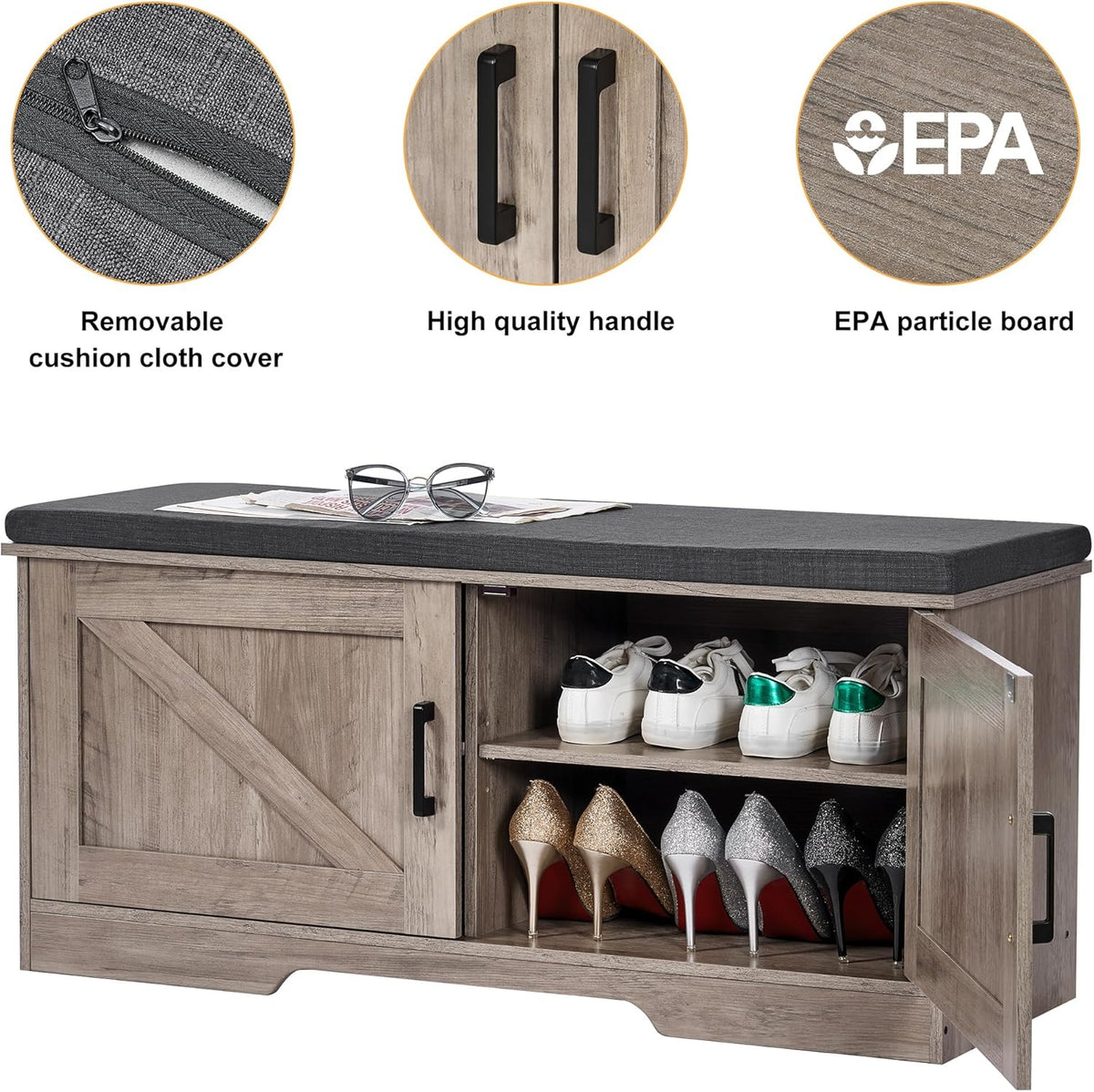 2-Tier Storage Bench, Shoe Bench with Padded Seat Cushion, Entryway Bench with 2 Barn Doors, Adjustable Shelf, 13.8" D x 39.4" W x 17.7" H, for Entryway, Living Room, Bedroom, Greige