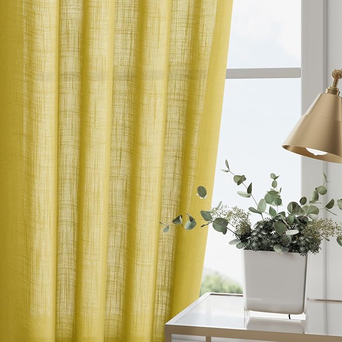 Nanspring Celery Yellow Linen Curtains 84 Inch Length 2 Panels Set