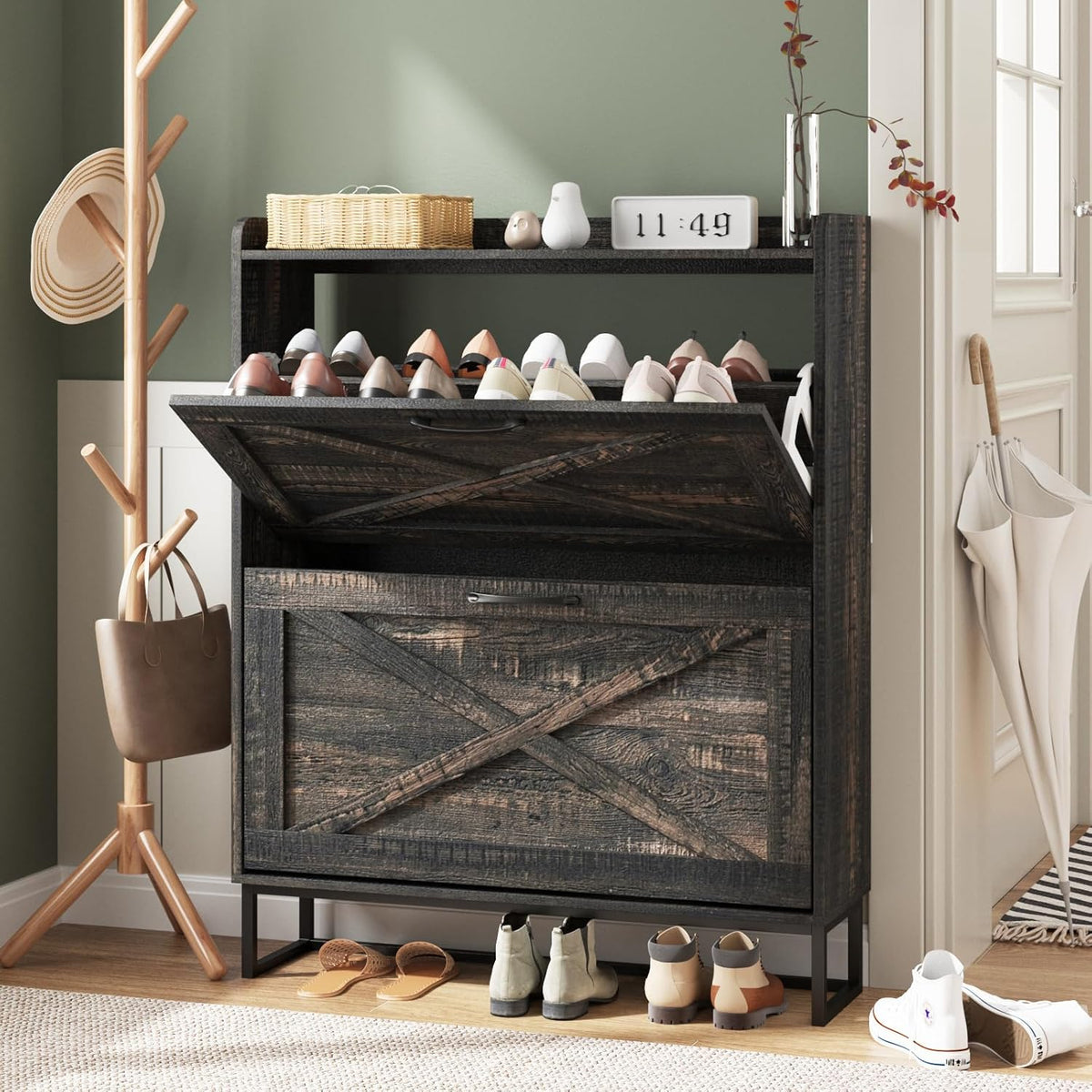 Maupvit Shoe Storage Cabinet with 2 Flip Drawers, Freestanding Organizer with Metal Legs for Entryway, Narrow Shoe Rack Cabinet, Dark Rustic Oak