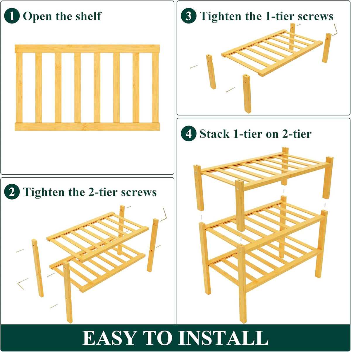 Smiry Shoe Rack, 3 Tier Small Bamboo Shoe Organizer, Stackable Free Standing Wooden Shoe Storage Shelf for Closet, Entryway, Front Door Entrance, Natural