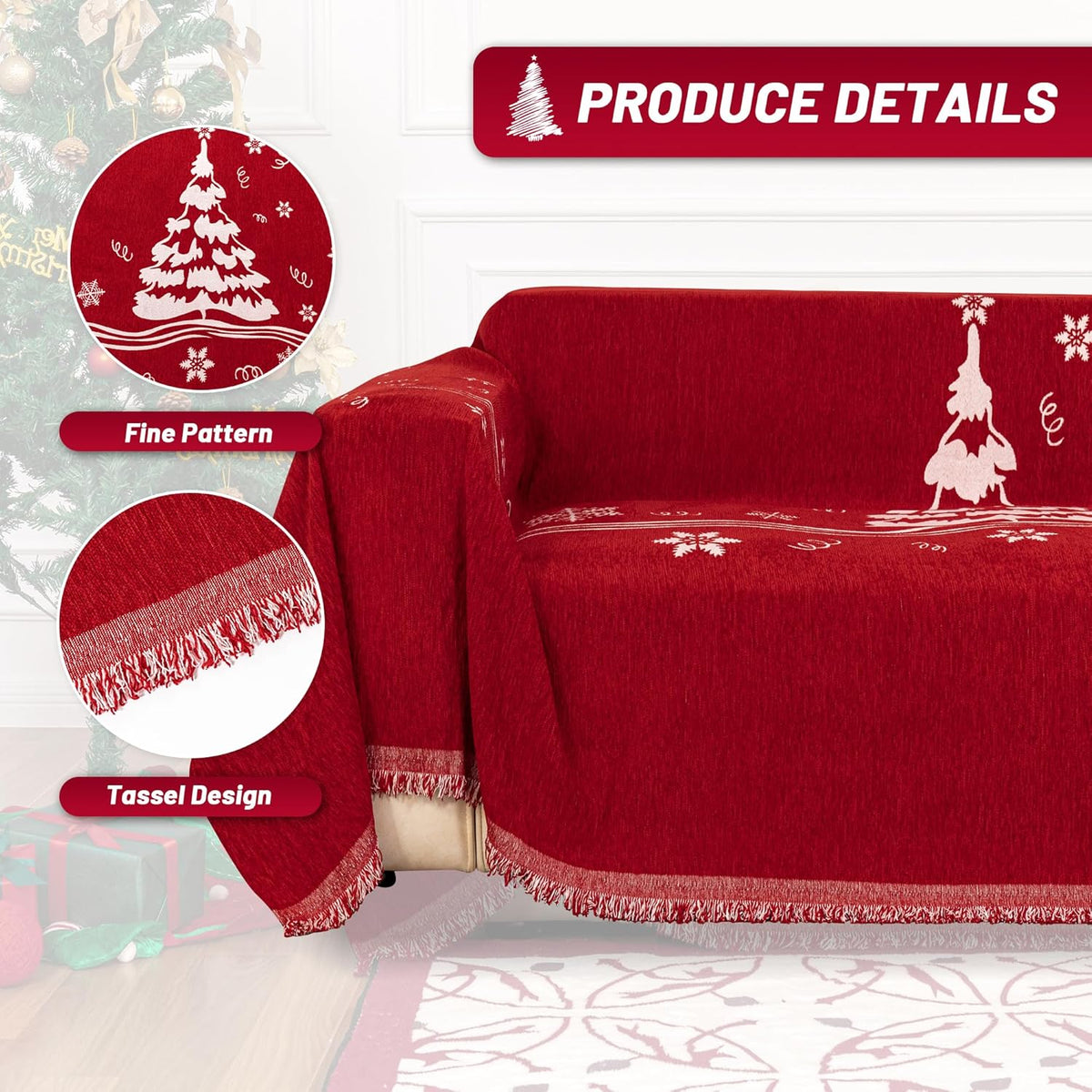 MYSKY HOME Couch Covers for Pets Thick Chenille Christmas Red Sofa Slipcover Non Slip Soft Couch Sofa Cover, Washable Furniture Protector Sofa Slipcover with Tassel for Kids, Dogs, 71"x118"