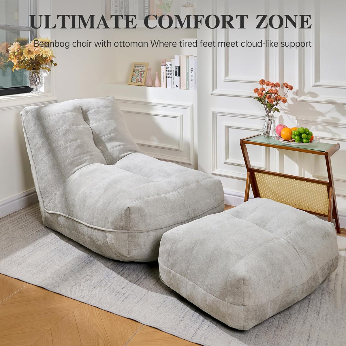 Bean Bag Chair with Ottoman, Comfy Bean Bag Sofa with Memory Foam, Lazy BeanBag Sofa with Footstool, Fireside Bean Bag Couch for Living Room, Bedroom, Apartment (Gray)