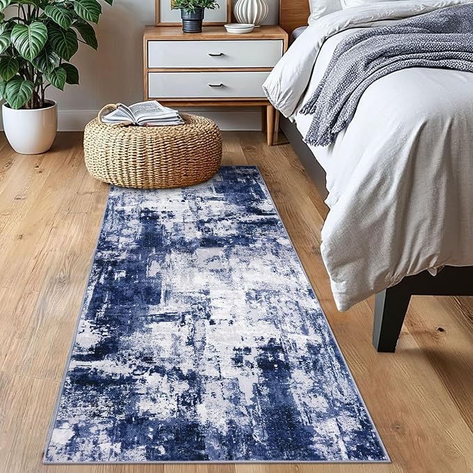 KOZYFLY Modern Abstract Runner Rug 2x6 Navy Blue Runners