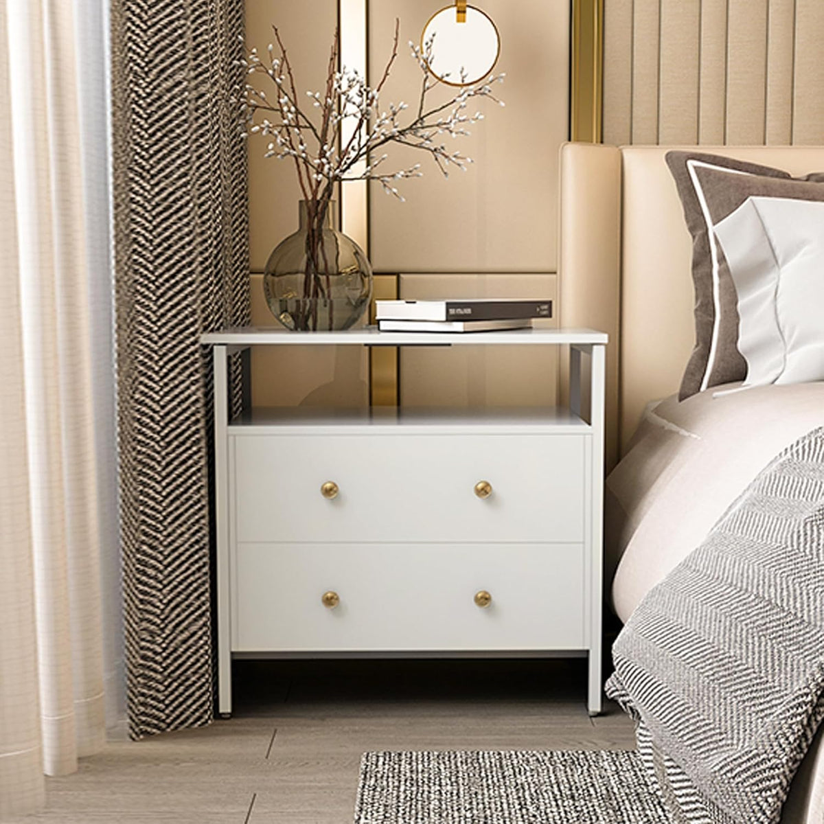 27 inch Wide Nightstand with Charging Station, Bedside Table with Open Shelf, 2 Drawers Small Wood Dresser, End Side Table for Bedroom (White)