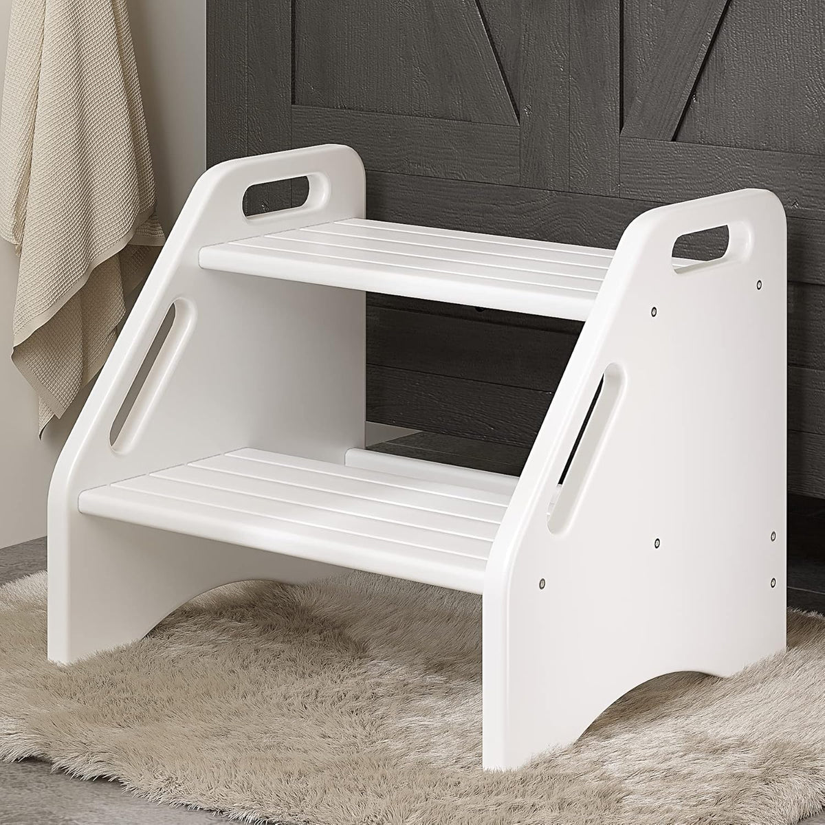 AMBIRD Wooden Two Step Stools Toddler with Safety Non-Slip Pads and Handles, Bamboo Step Stool for Bathroom, Bedroom, Kitchen Dual Height Step Stools for Kids (White)