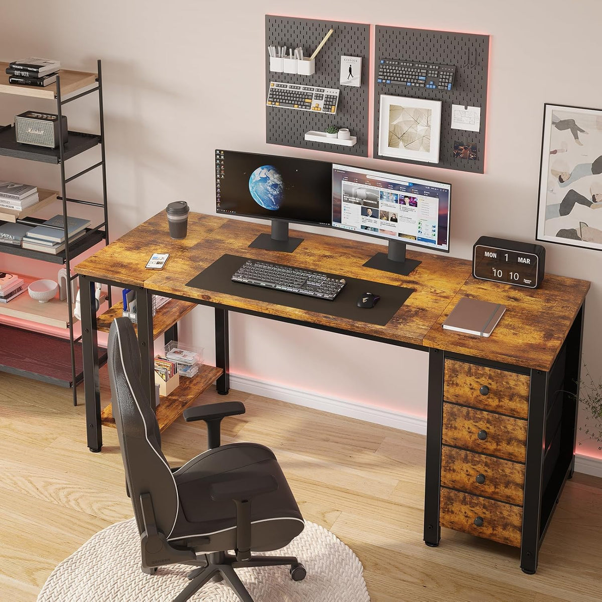 Lufeiya 55 inch Computer Desk with 4 Fabric Drawers & Storage Shelves, Writing Work Study Desk for Home Office Bedroom, Modern Simple Student PC Desks Table, Rustic Brown