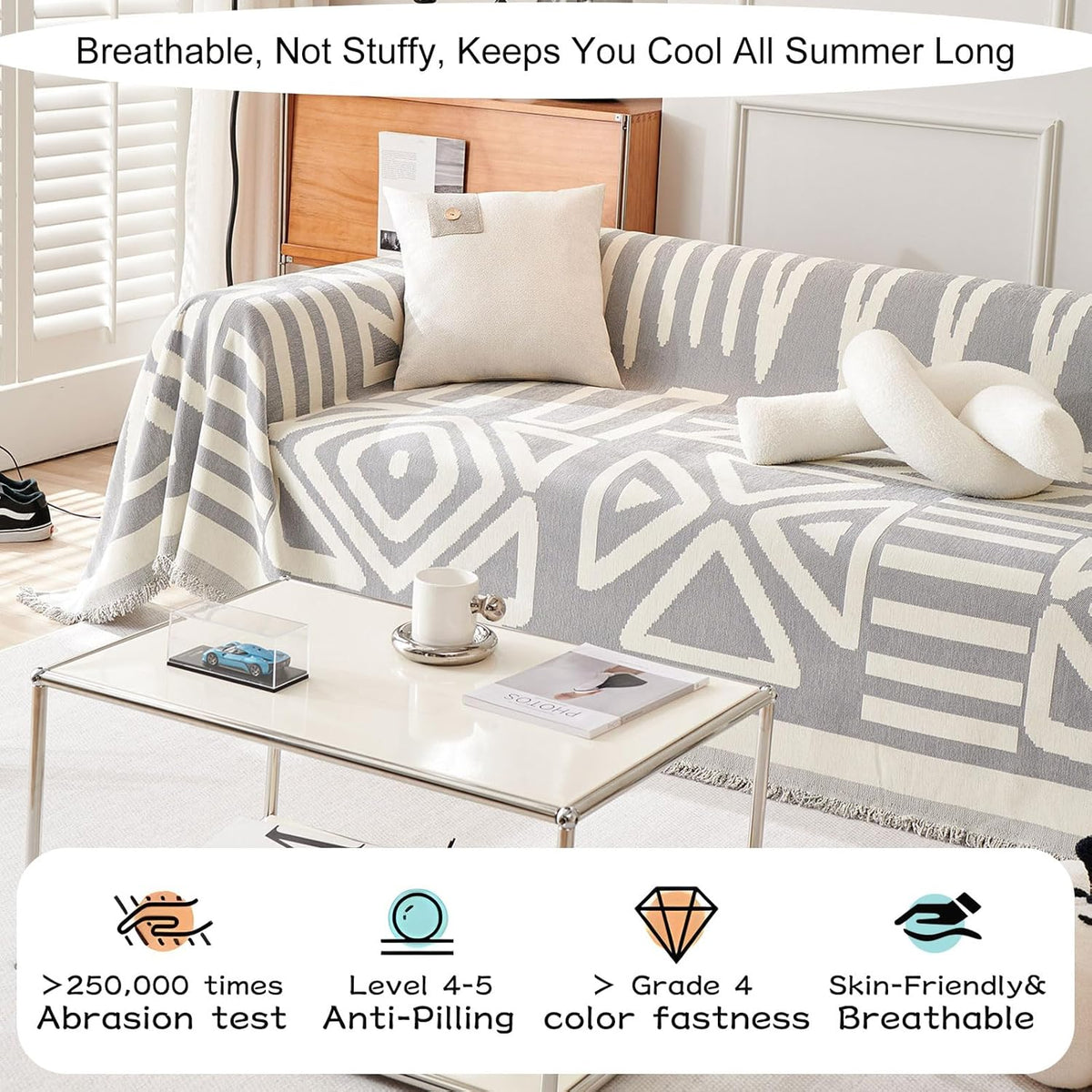 STACYPIK Boho Geometric Sofa Cover Chenille Gray White Cream Triangle Couch Cover for Dog Anti Slip Couch Protector for 3 Cushion Couch Reversible Furniture Covers L Shape Cover for Sectional-91X134IN