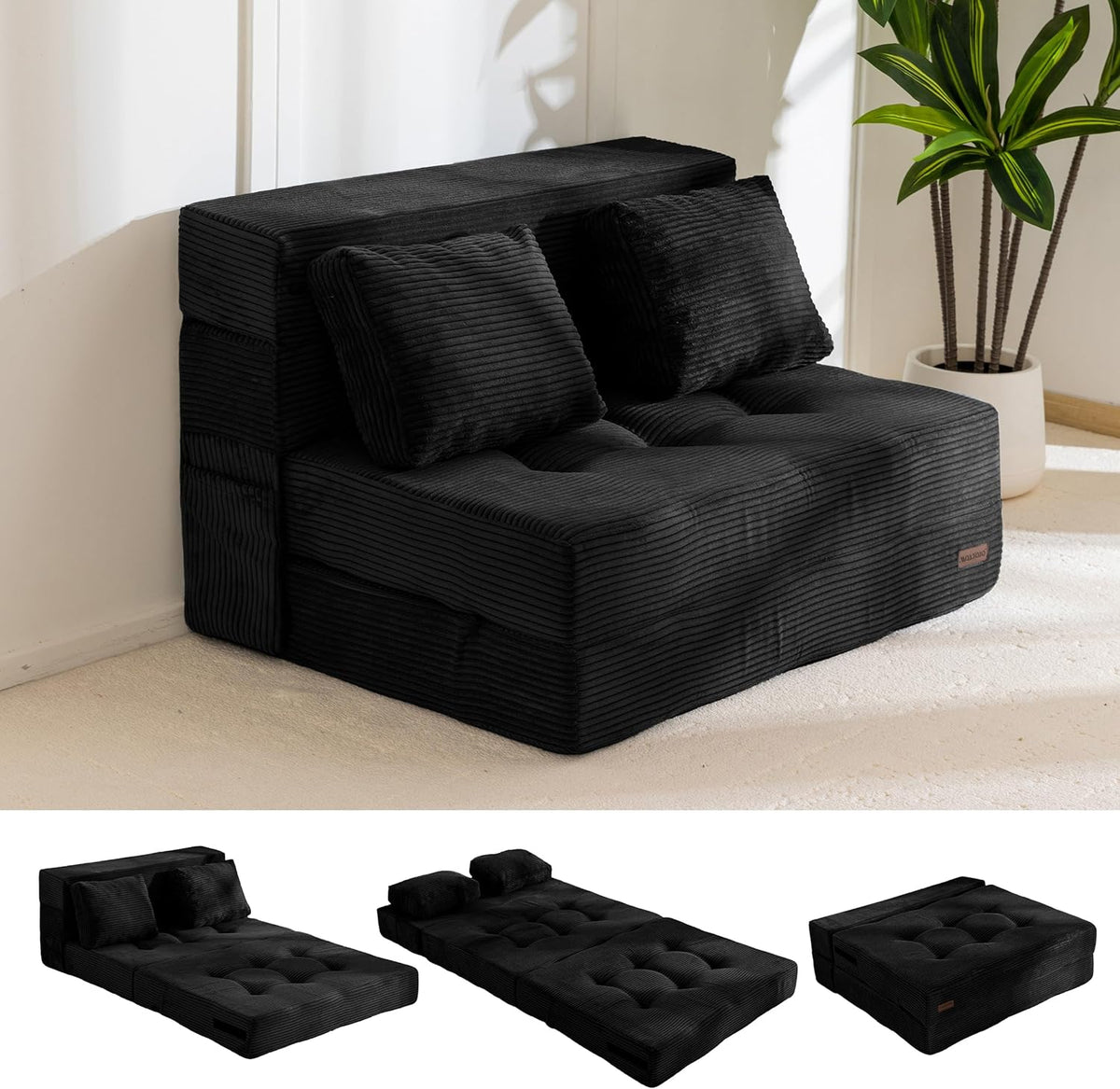 MAXYOYO Convertible Sofa Bed, Fold Out Loveseat Sleeper Sofa with Pillow, 4 in 1 Tufted Folding Couch Bed Foam Floor Couch, Lazy Chair for Living Room Bedroom Guest Room, Black