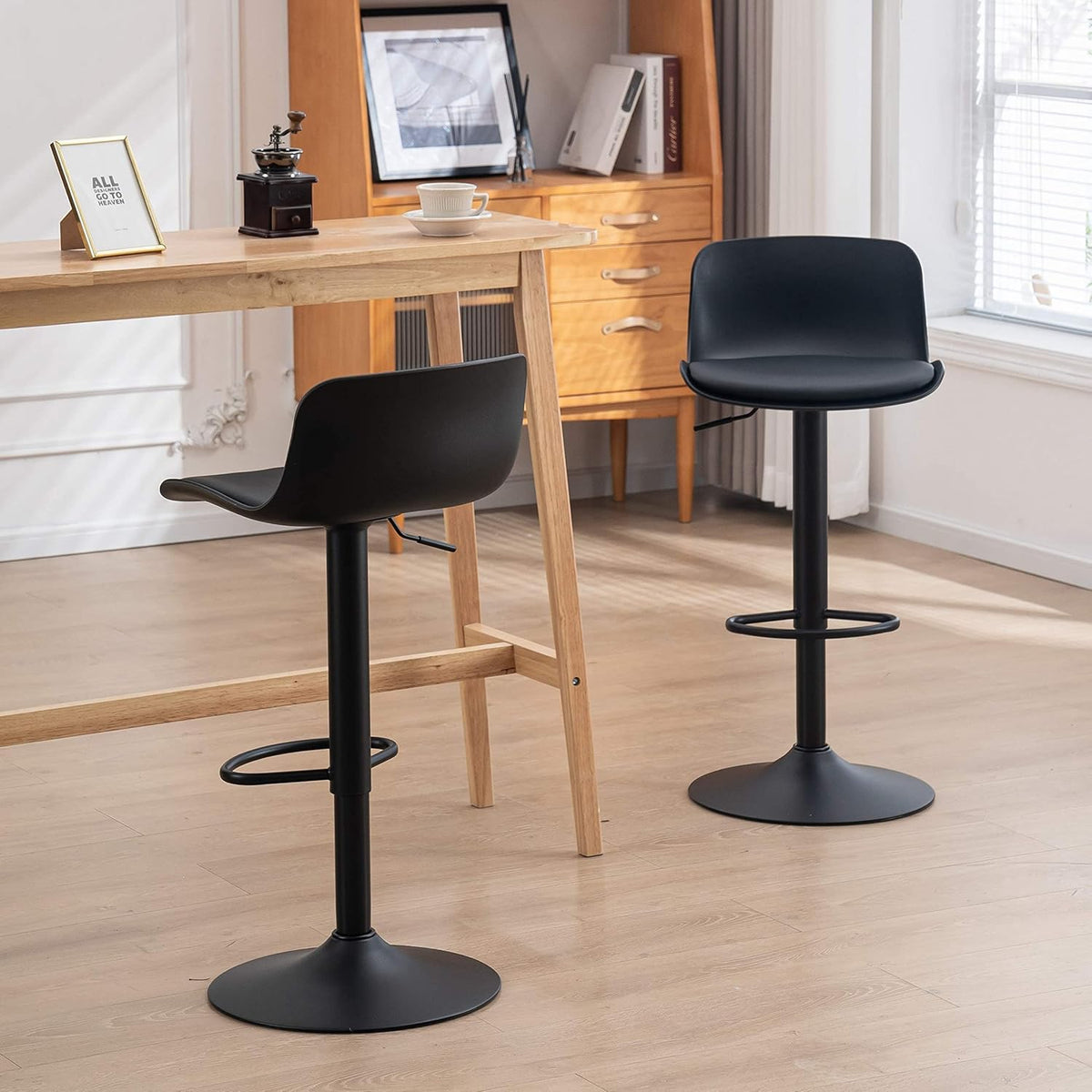 YOUTASTE Black Bar Stools Set of 2 Counter Height Bar Stool Upholstered Adjustable Swivel Metal High Back Bar Chairs PU Soft Cushion for Home and Kitchen