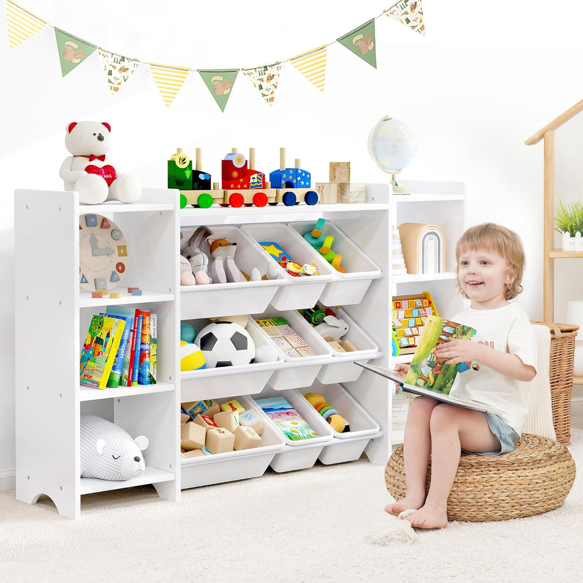 MallBest 4-Tier Kids' Toy Storage Organizer Shelf - 100% Solid Wood, Children's Organizer Cabinet with 9 Plastic Bins and 6 Storage Ports (White)