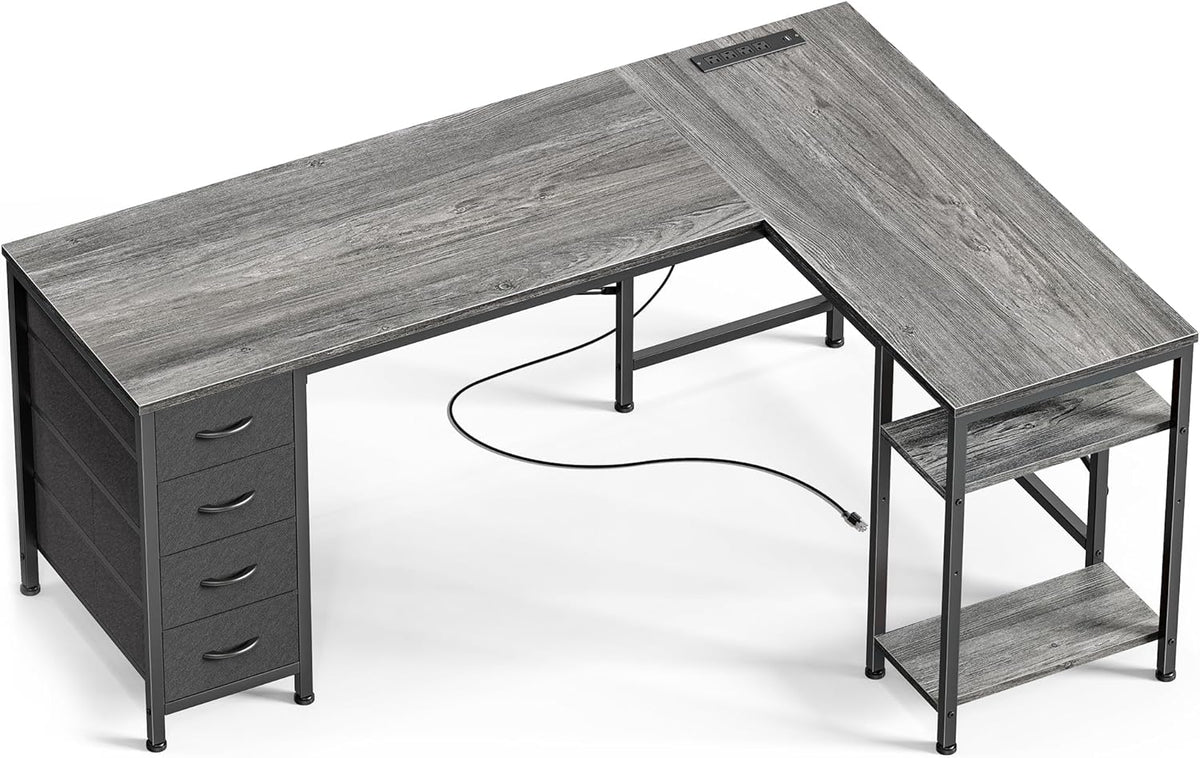 Huuger 55 Inch L Shaped Desk with Fabric Drawers, Reversible Computer Gaming Desk with Power Outlets and USB-C Port, Adjustable Side Storage Shelves, for Work Study Corner Home Office, Grey